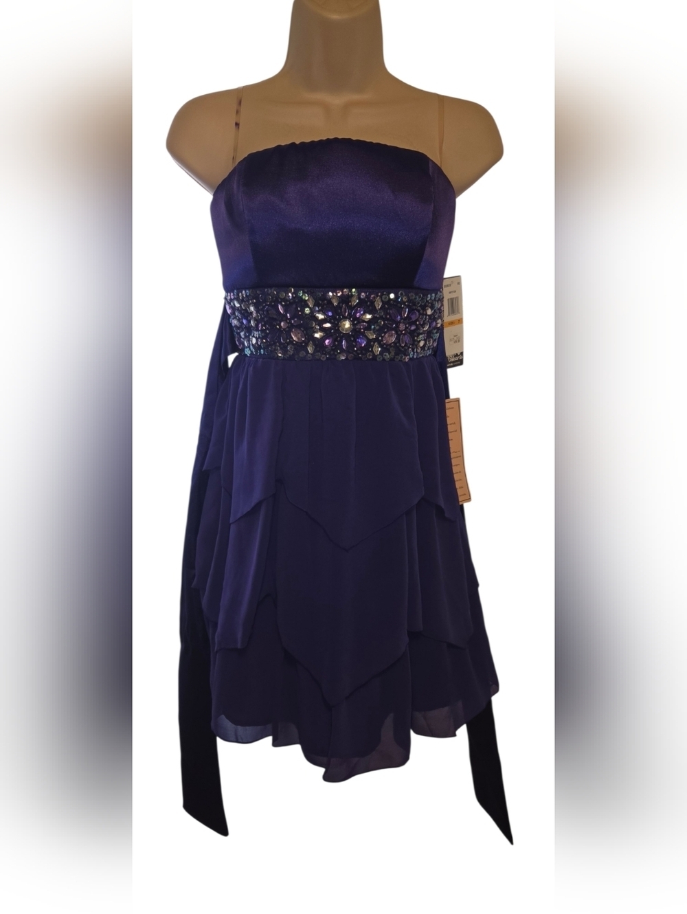 Sequin Hearts Purple Bejeweled Waist Layered Chiffon Prom Dress